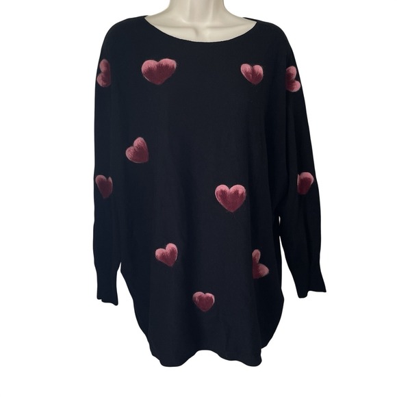 Aaeda Sweaters - Aaeda Black Heart Sweater Dolman Sleeve Boat Neck Valentine Cozy Top Women's 1X